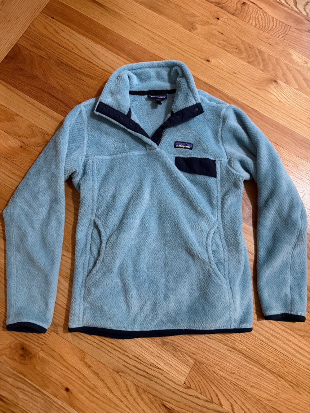 Patagonia Light Blue Fleece Snap-T with Navy Trim